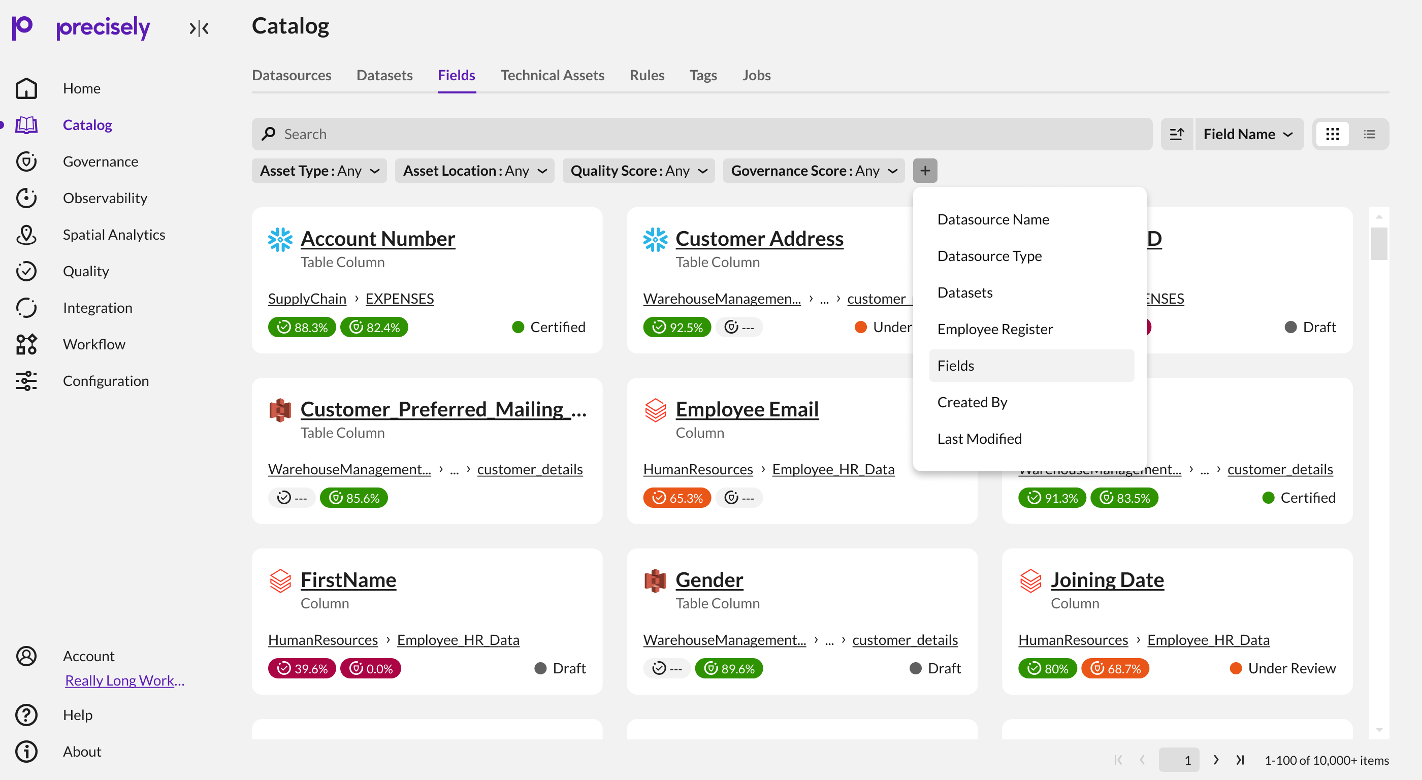 Fields card view with search and filters