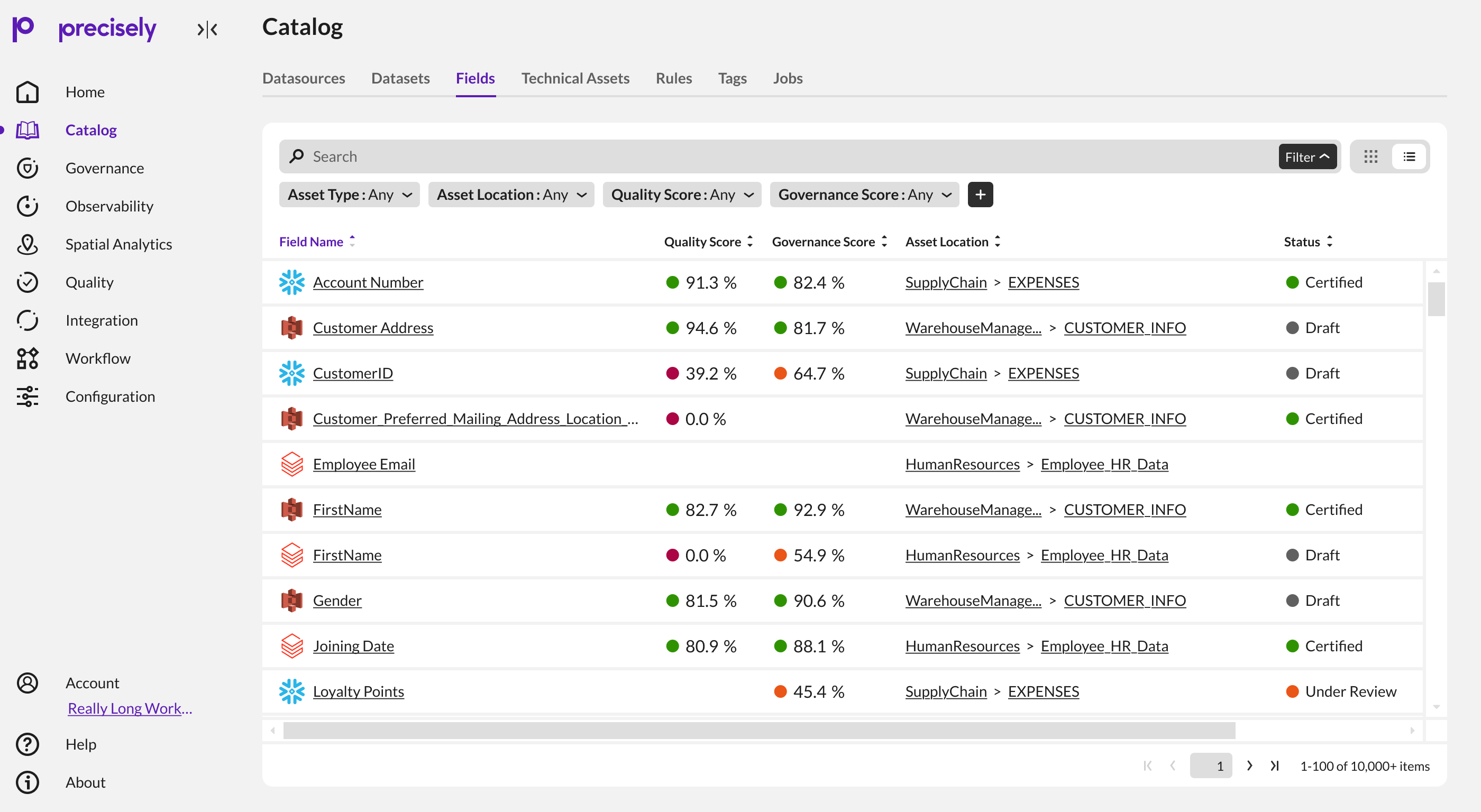 Precisely Catalog list view